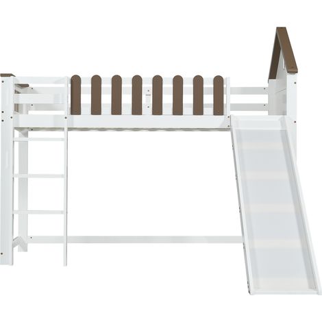 Cama alta infantil con tobogán, techo, ventana y escalera de 3 peldaños, 90x200 cm (1/5)