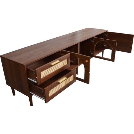 Meuble TV marron 180 cm avec 2 tiroirs en rotin, 2 portes vitrées cintrées et 1 porte en rotin, éclairage LED (1/5)