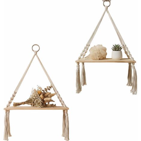 Lot de 2 Étagères Murales Flottantes en Bois Macramé Bohème (1/5)