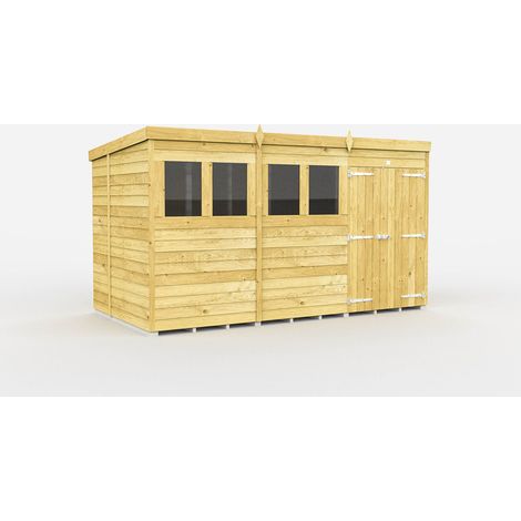 12 x 7 Feet Pent Shed - Double Door With Windows - Wood - L214 x W358 x H201 cm
