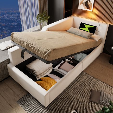 Tagesbett 90/190 cm beige aus Samt mit Stauraum, USB-C und Leselampe (1/5)