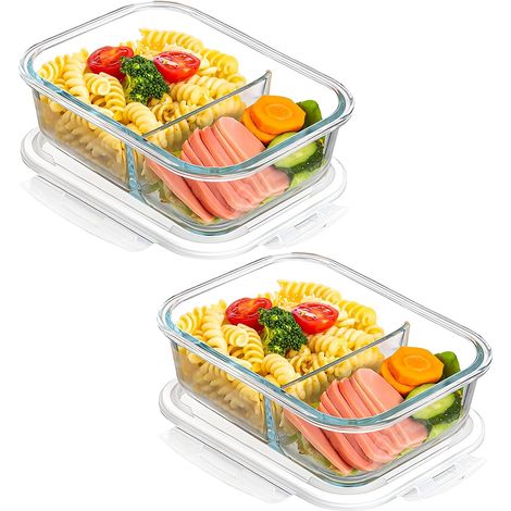 Lot de 2 boîtes Meal Prep en verre : récipients en verre avec couvercle avec 2 compartiments, conteneurs en verre pour préparation de repas 1040ml, bocaux en verre sans BPA, hermétiques, pour (1/5)