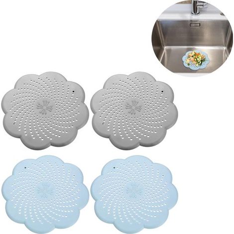 Filtre pour évier de cuisine, couvercle d'évier en silicone, protection pour lavabo de salle de bain, crépine, anti-obstruction, protège-bonde de cuisine, lot de 4, bleu et gris (1/5)