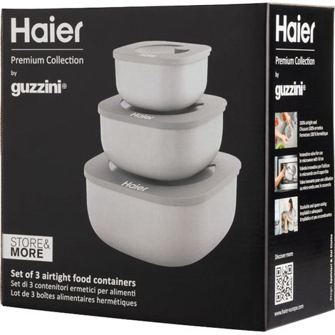Haier HAGSM4080 Set di Tre Contenitori Ermetici per Alimenti, Lavabile in Lavastoviglie, Utilizzabile in Frigorifero, Freezer e Microonde, 3 Dimensioni, Salvaspazio, Haier by Guzzini (1/4)