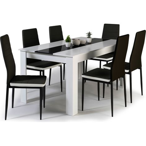 Idmarket – Ensemble table à manger 140 cm blanche et noire – 6 chaises noires liseré blanc – Design moderne et élégant – Idéal pour salle à manger
