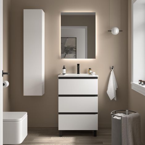 Meuble de salle de bain BEQUIA METAL 3C 60cm Blanc mat Vasque Porcelaine Centrale (1/5)