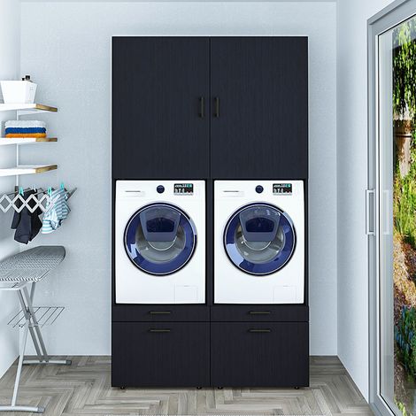Roomart S2 Waschmaschinen-Doppelschrank 134 cm, Schwarz-Eiche