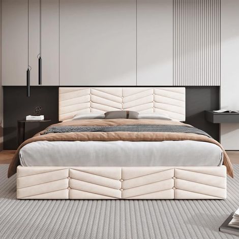 Lit double 140x200 cm - Velours beige - Sommier à lattes - Tête de lit réglable - 2 places (1/5)