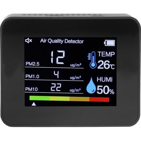Luftqualitätsmonitor mit CO2-, HCHO-, TVOC-, PM2,5- und PM1,0-Messgerät, Temperatur- und Feuchtigkeitsmesser mit Schwerkraftsensor, Schwarz (1/5)