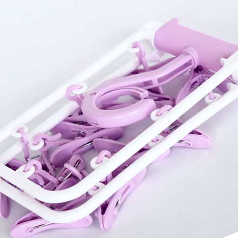 Séchoir à linge pliable en plastique, coupe-vent et antidérapant, avec 12 pinces, pour sous-vêtements et chaussettes, couleur violet nordique. (1/5)