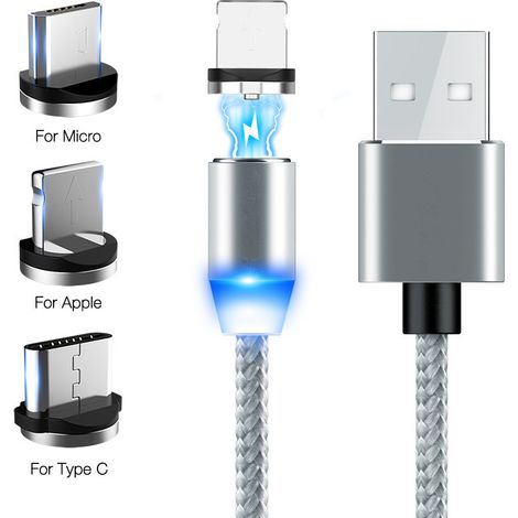 Câble de charge magnétique 3 en 1, charge rapide et transfert de données, gaine en nylon tressé avec LED, USB vers micro USB, Type C pour Android, iPhone et iPad – 2 m (1/5)