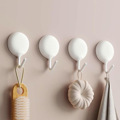 Cuatro ganchos autoadhesivos, no requieren taladrar, se montan en la pared, ideales para cocinas, baños, oficinas y almacenamiento doméstico. Color blanco. (1/5)