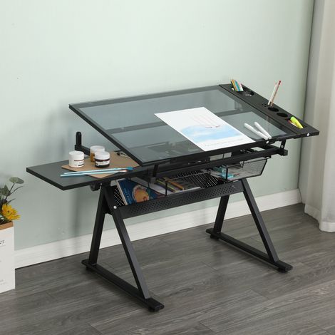 DESMIU Table à dessin inclinable avec tabouret, plateau en verre trempé, 2 tiroirs métalliques et porte-accessoires, noire (1/5)