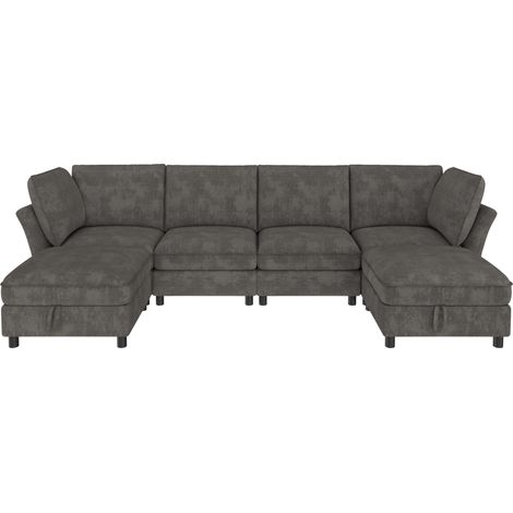 Sofá modular angular en U/L de 6 plazas en chenilla gris con puff contenedor MODENUIT (1/5)