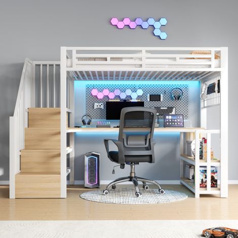 Letto a soppalco bambino 90x200 cm in metallo e MDF, con scrivania LED, bianco DESVIAE (1/5)