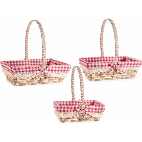 Cestini in corda di carta e tessuto rosso a quadri con fiocco decorativo e manico, set da 2 pezzi, Grande: cm 27 x 23 x 8,5 H