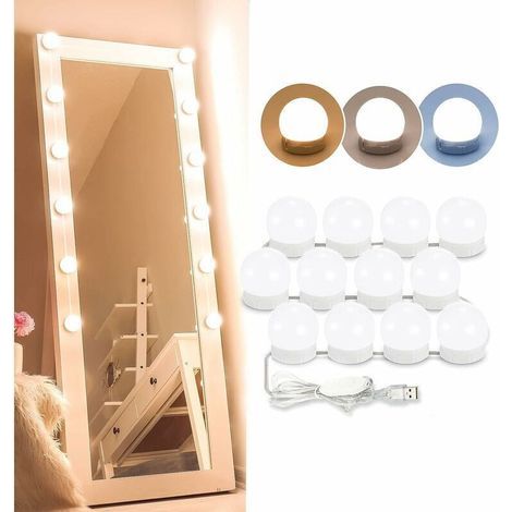 Spiegelleuchte, 12 dimmbare LED-Lampen im Hollywood-Stil für Kosmetik- und Badezimmerspiegel, 3 Farben, 10 Helligkeitsstufen mit Adapter (Spiegel nicht im Lieferumfang enthalten) (1/4)