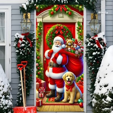 Décoration de Noël pour fête : guirlande, fanion, drapeau, décoration de porte, guirlande d'ambiance - 90 x 180 cm (perforé + ruban) - 1