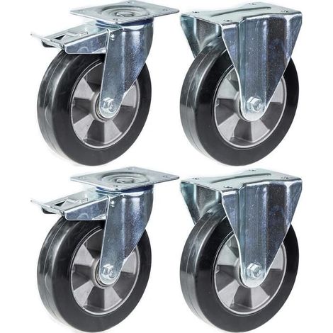 Roulette - Set von 4 - 200mm - Schwarzer elastischer Gummi - Bremse und Feststellung