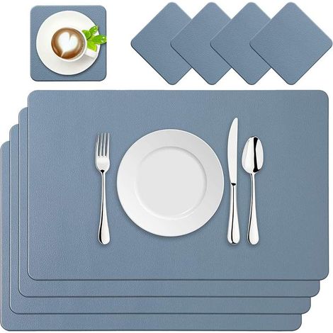 Platzsets, Platzsets, Set aus vier Platzsets/Strandsets, aus Polyurethan-Kunstleder, waschbar und wasserdicht, geeignet für Esstische, Bars und Küchen, blau.