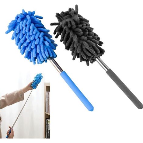 Plumeau Poussiere Telescopique, Lot de 2 Plumeau Extensible avec Manche télescopique, Long pour Toiles d'araignées, Plumeau Long Extensible 75 cm, élimination Facile de la Poussière