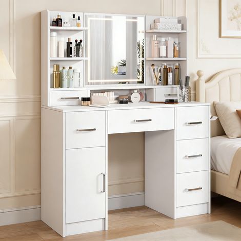 Grande Coiffeuse avec Miroir,Éclairage LED Réglable 3 Couleurs et Prises Blanche Moderne 7 Tiroirs ,1 porte,4 Étagères Rangement Ouvertes