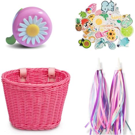 Juego de 4 cestas para bicicleta infantil, de ratán natural, con correa de cuero ajustable, timbre y pegatinas, accesorio para ciclismo. (1/5)