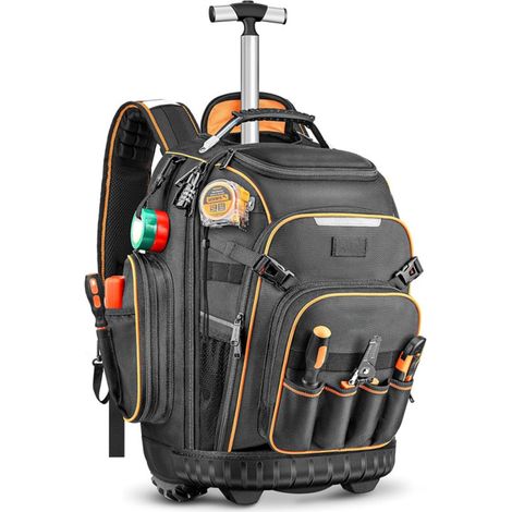 Sac à Dos à Outils à Roulettes 15 Pouces Oxford - Trolley Chantier Poignée Télescopique Multi Poches Port USB - Sac Porte-Outils Électricien Plombier Artisan Bricolage Noir 38,1x33x57 cm 2,4 kg (1/5)