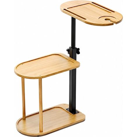Table d'appoint réglable en hauteur, 3 niveaux en forme de C, en bambou, plateau rotatif à 360°, table basse mobile pour canapé, lit, salle de bain et salon (1/5)