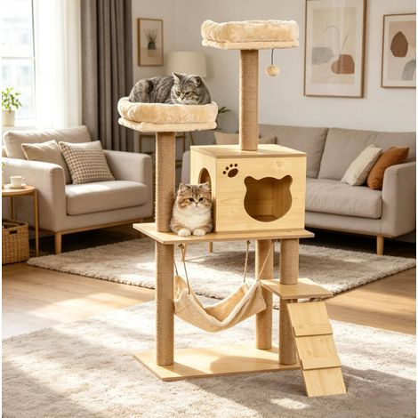 Árbol rascador para gatos de madera con varias alturas 130 cm beige y marrón OKWISH (1/5)