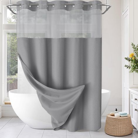 JSSEVN - Cortina de ducha y forro sin ganchos – Cortina de ducha gris con relieve para baño – 205 x 180 cm (alto x ancho) (1/5)