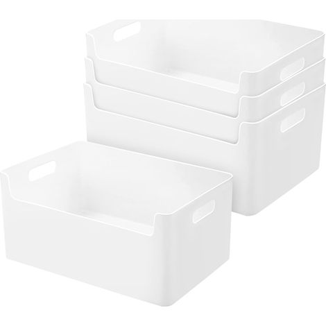 Lot de 4 boîtes de rangement en plastique pour cuisine et salle de bain 25 cm Panier de rangement à fond avant Boîtes de rangement blanches, étagères, armoires, boîtes de rangement (1/5)