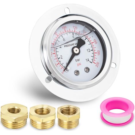 1pcs 40mm bride panneau monté manomètre BSP 1/8 "0-14 Bar 0200 PSI avec trois ensembles de à 1/4 ", à 3/8 "et à 1/2 ", axial (1/5)