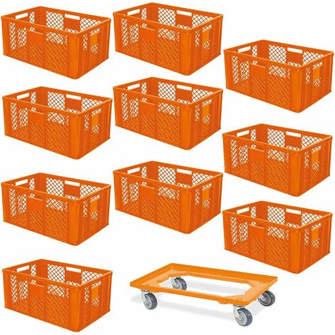 BRB Lot économique de 10 bacs empilables plus à roulettes de transport, 600 x 400 x 320 mm, qualité industrielle, convient à un usage alimentaire, orange