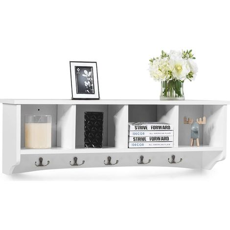 COSTWAY Wandschrank Haengeschrank Holz, Wandmontierter Garderobenstaender mit 4 Aufbewahrungseinheiten und 5 Doppelhaken, Haengeregal Wandregal, Dekorationsmoebel für Bad Wohnzimmer Küche Weiss (1/5)