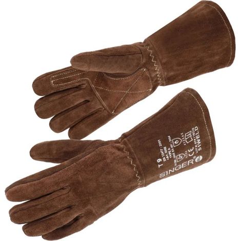 Lot 10 Paires Gants Cuir Croûte Bovin Naturel SINGER - Soudure & Manutention Lourde - Manchette 15cm - Taille 10 (1/2)