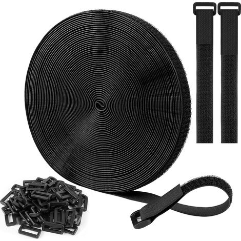 Lntyq Sangles/Attaches de Câble Réutilisables Réglables Noires de 10m x 2cm Avec 50 Boucles et Sangle de Fixation à Crochet Pour la Gestion des Câbles (Noir) (1/5)