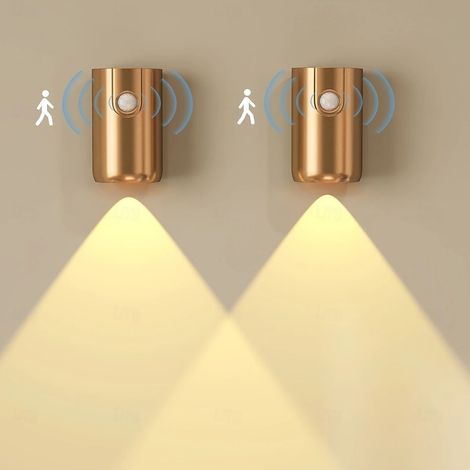 Lot de 2 appliques murales sans fil avec détecteur de mouvement, sans prise secteur, LED rechargeables par USB, veilleuse 3 modes (1/5)
