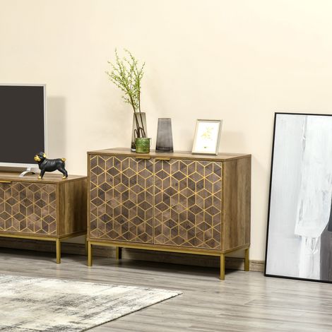 Zweitüriger Holzschrank für Eingangsbereich und Wohnzimmer, modernes Sideboard mit goldenen Verzierungen und Stahlbeinen, 99 x 39 x 75,5 cm (1/5)