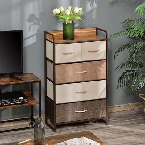Commode en tissu aspect lin multicolore avec cadre acier et plateau MDF, 58 x 29 x 99 cm, 5 tiroirs pliables (1/5)