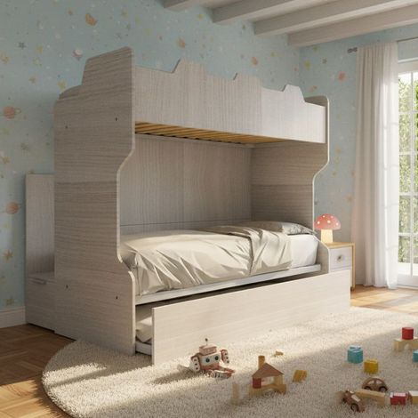 Letto a castello con scala contenitore e terzo letto estraibile - Cameretta salvaspazio - Rovere rock