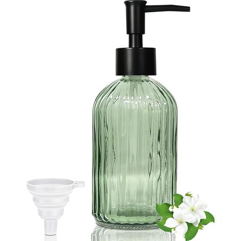 Distributeur savon verre 400 ml vert, pompe plastique + entonnoir noir, cuisine/salle de bain (1/5)