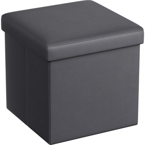 Pouf de 38 cm, Banc de Rangement Pliable avec Couvercle, Repose-Pieds Cube, Surface en PU, Capacité de Charge de 300 kg, pour Entrée, Salon, Chambre à Coucher, Gris Ardoise (1/5)