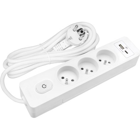 Multiprise SELDUR G3FU22B, 3 prises type E + interrupteur, USB A+C charge standard 12W, Blanc, câble 2m (1/4)