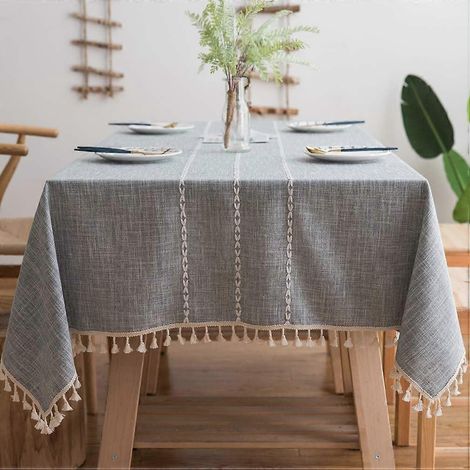Nappe rectangulaire en coton et lin avec pompons, moderne et lavable, idéale pour la décoration de la table de cuisine (Gris tendance, Carré) (1/5)