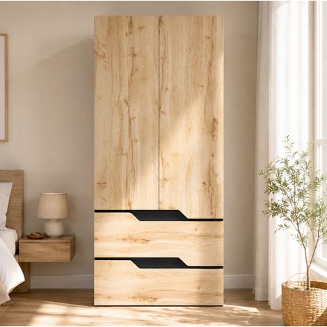 MODFU – Armadio 90x50x200 cm in MDF/truciolato con 2 ante, appendiabiti, mensola alta, 2 cassetti e carico 30/20 kg – Rovere/nero (1/5)