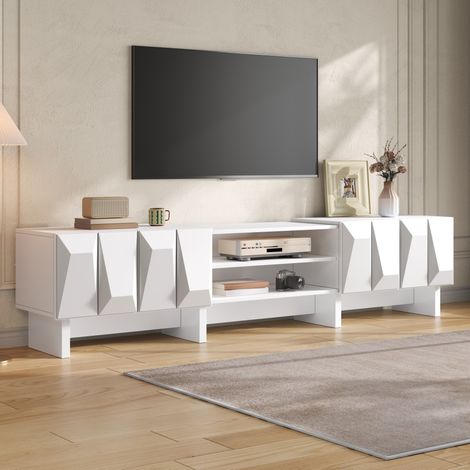TV Lowboard (180x34x44.5 cm), zweistufiges offenes Fach, vier Türen, Spanplatte, Weiß (1/5)