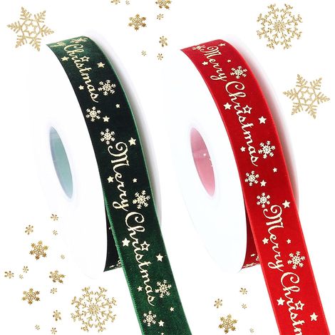 2 Rouleaux Ruban Noel, 2.5cm x 9m Rubans de Joyeux Noël, Rubans de Noël en Velours Doré, Estampillé Ruban de Holiday, pour Le Décor et d'emballage de Cadeau (1/5)