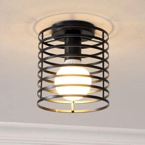 Plafonnier Industrielle Cage Lustre Suspension en Métal Fer Luminaire pour Chambre Cuisine Couloir,Noir (Noir - Rond) (1/2)