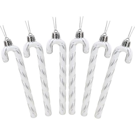 Set mit 12 Weihnachts-Zuckerstangen-Baumschmuckstücken zum Aufhängen, Weihnachts-Zuckerstangen aus Kunststoff, Weihnachtsbaumschmuck (Silber und Weiß)